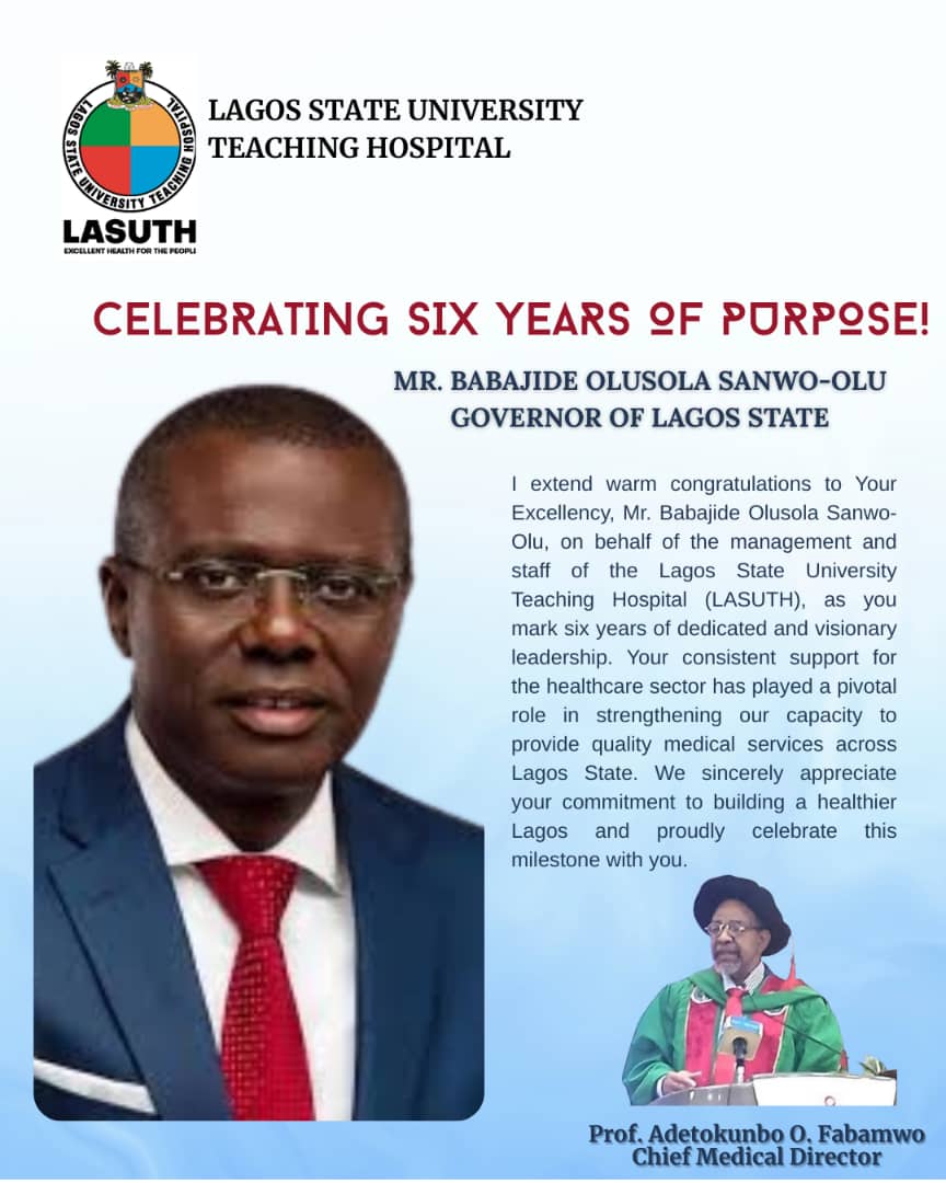 LASUTH (@lasuthikeja) on Twitter photo Celebrating Mr. Governor <a href="/jidesanwoolu/">Babajide Sanwo-Olu</a> as he marks six years in governance!
<a href="/JokeSanwoolu/">Joke Sanwo-Olu</a> <a href="/drobafemihamzat/">Obafemi Hamzat</a> <a href="/ProfAkinAbayomi/">Prof. Akin Abayomi</a> <a href="/SegsDr/">Olusegun Ogboye</a> <a href="/comforteri/">PROFESSOR ADETOKUNBO FABAMWO CMD LASUTH</a> <a href="/ADEKOYADR/">PROF. ADEBOWALE ADEKOYA</a> <a href="/LSMOH/">LSMOH</a> <a href="/followlasg/">The Lagos State Govt</a> Celebrating Mr. Governor <a href="/jidesanwoolu/">Babajide Sanwo-Olu</a> as he marks six years in governance!
<a href="/JokeSanwoolu/">Joke Sanwo-Olu</a> <a href="/drobafemihamzat/">Obafemi Hamzat</a> <a href="/ProfAkinAbayomi/">Prof. Akin Abayomi</a> <a href="/SegsDr/">Olusegun Ogboye</a> <a href="/comforteri/">PROFESSOR ADETOKUNBO FABAMWO CMD LASUTH</a> <a href="/ADEKOYADR/">PROF. ADEBOWALE ADEKOYA</a> <a href="/LSMOH/">LSMOH</a> <a href="/followlasg/">The Lagos State Govt</a>