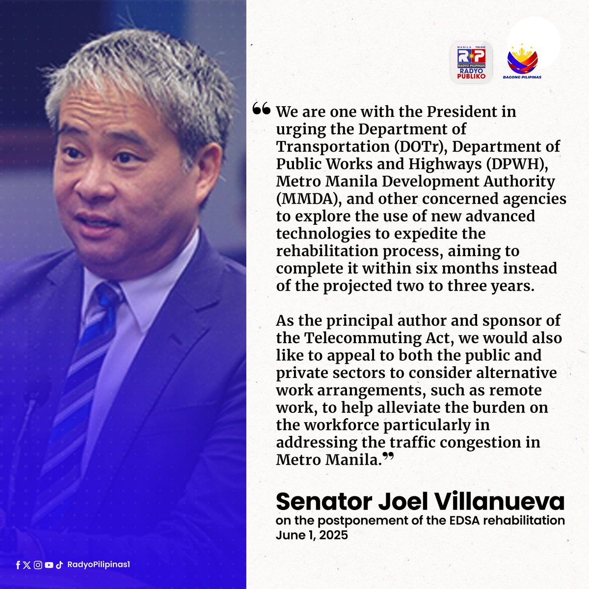 radyopilipinas1's tweet photo. Sen. Joel Villanueva, kaisa ng Pangulo sa pagpapaliban ng rehabilitasyon ng EDSA habang pinag-aaralan ang mas mabilis na pagsasaayos nito. Hinikayat din niya ang publiko at pribadong sektor na isaalang-alang ang alternative work setups gaya ng remote work upang maibsan ang trapiko sa Metro Manila. | via Nimfa Asuncion

#RP1News 
#RadyoPilipinas 
#RadyoPubliko