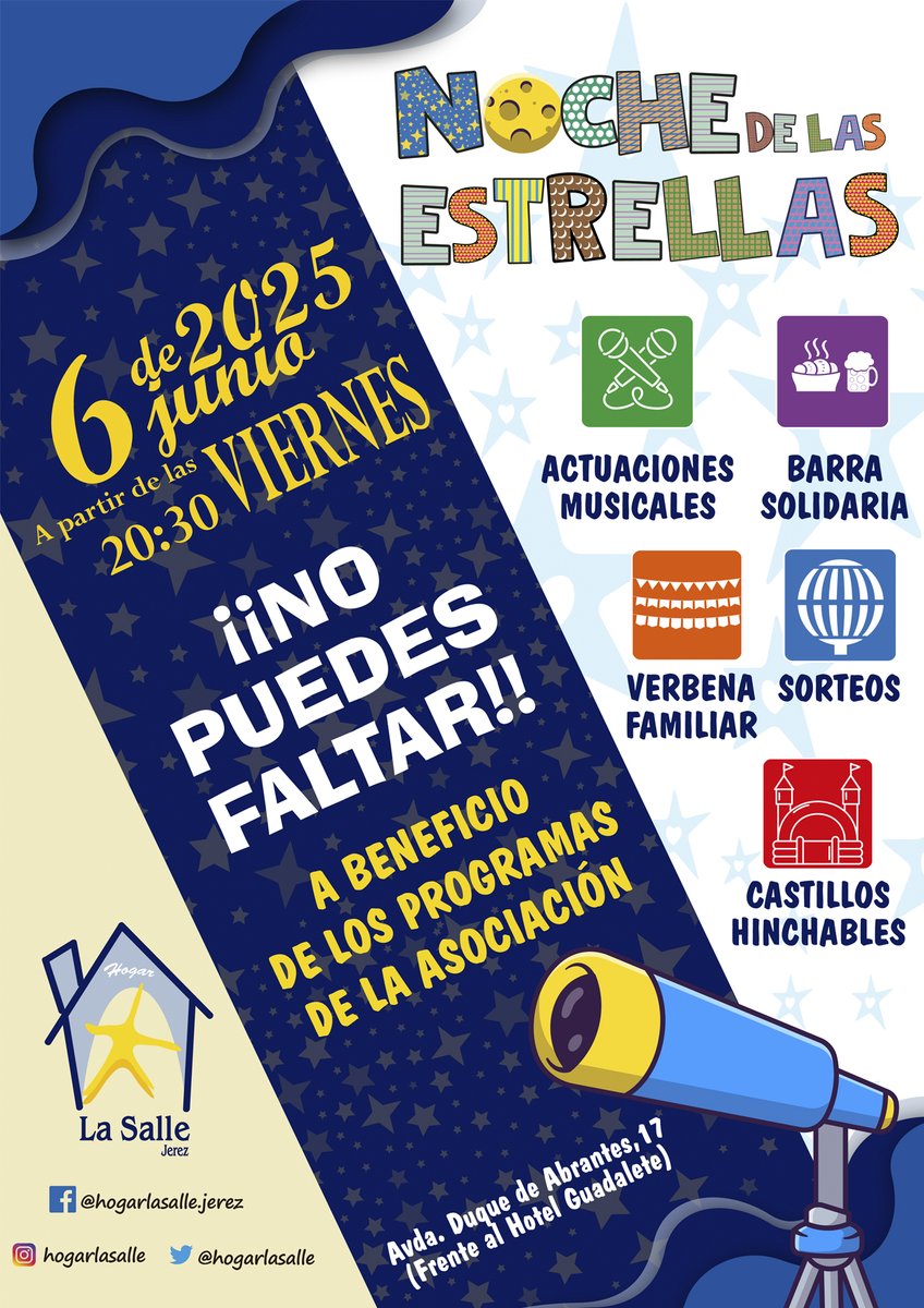 Seguimos trabajando para nuestra "Noche de las Estrellas". Recordaros que será el viernes, 6 de junio a partir de las 20:30 h en nuestras instalciones de la Avenida Duque de Abrantes. Sorteos, actuaciones, barra solidaría... No puedes faltar.
#SomosLaSalle #NocheDeLasEstrellas