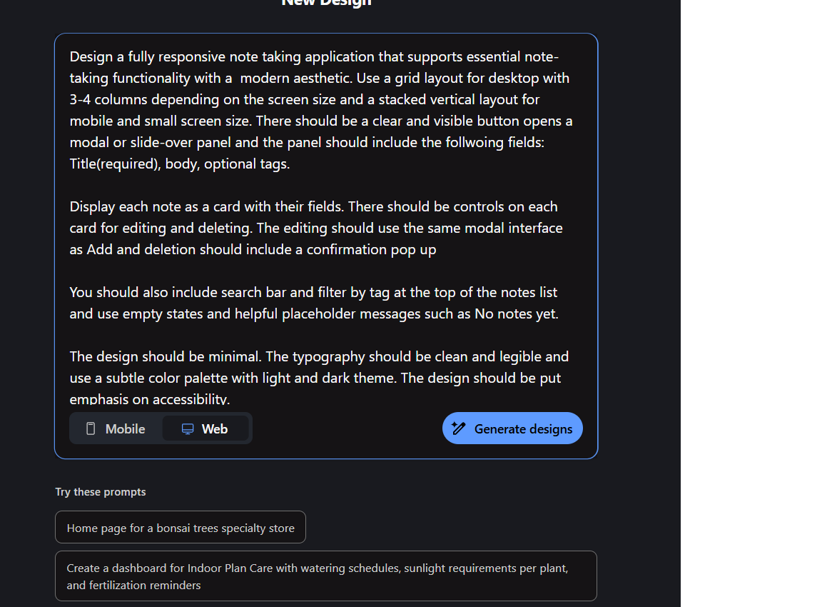 IbrahimOyebami's tweet photo. So i decided to try out Google stitch, an AI tool that helps generate UI designs to design a minimalist note taking application UI design

Here is my first prompt and the first design it generated for me

#GoogleStitch #AITools #DesignWithAI #NoteTakingApp https://t.co/TnRkGvAk1F