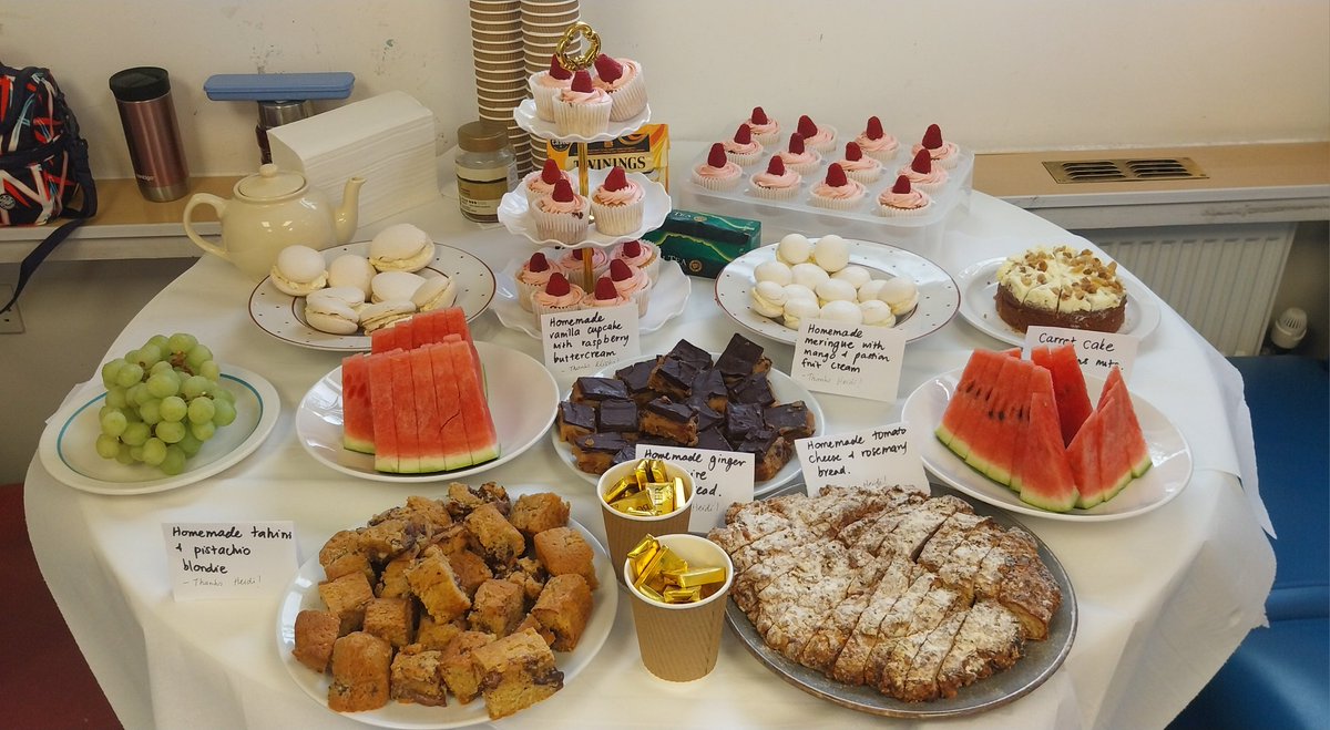heidi_ed's tweet photo. We really went for it for #TeaAt3 this week.
We had 🧁 with raspberry frosting, meringues with 🥭 and passionfruit cream, tahinni and pistacchio blondies, ginger millionaire shortbread and rosemary, 🍅 and 🧀 sodabread.
#MoreThanJustCake, #BuildingCultureThroughRitual @RCollEM https://t.co/QT4BTq0qhA