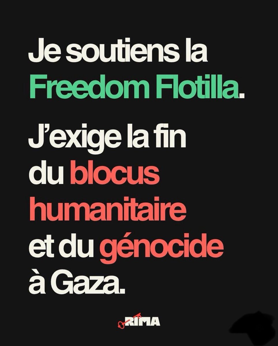 Raphaël Arnault (@arnaultraphael) on Twitter photo Pour que Rima et tout l’équipage de la flottille de la liberté arrive jusqu’à Gaza : partagez ce visuel !
C’est un voyage périlleux et ils ont besoin d’un max de soutien pour empêcher l’État d’Israël de commettre l’irréparable.
<a href="/RimaHas/">Rima Hassan</a> <a href="/GazaFFlotilla/">Freedom Flotilla Coalition</a>
🕊️🇵🇸 Pour que Rima et tout l’équipage de la flottille de la liberté arrive jusqu’à Gaza : partagez ce visuel !
C’est un voyage périlleux et ils ont besoin d’un max de soutien pour empêcher l’État d’Israël de commettre l’irréparable.
<a href="/RimaHas/">Rima Hassan</a> <a href="/GazaFFlotilla/">Freedom Flotilla Coalition</a>
🕊️🇵🇸
