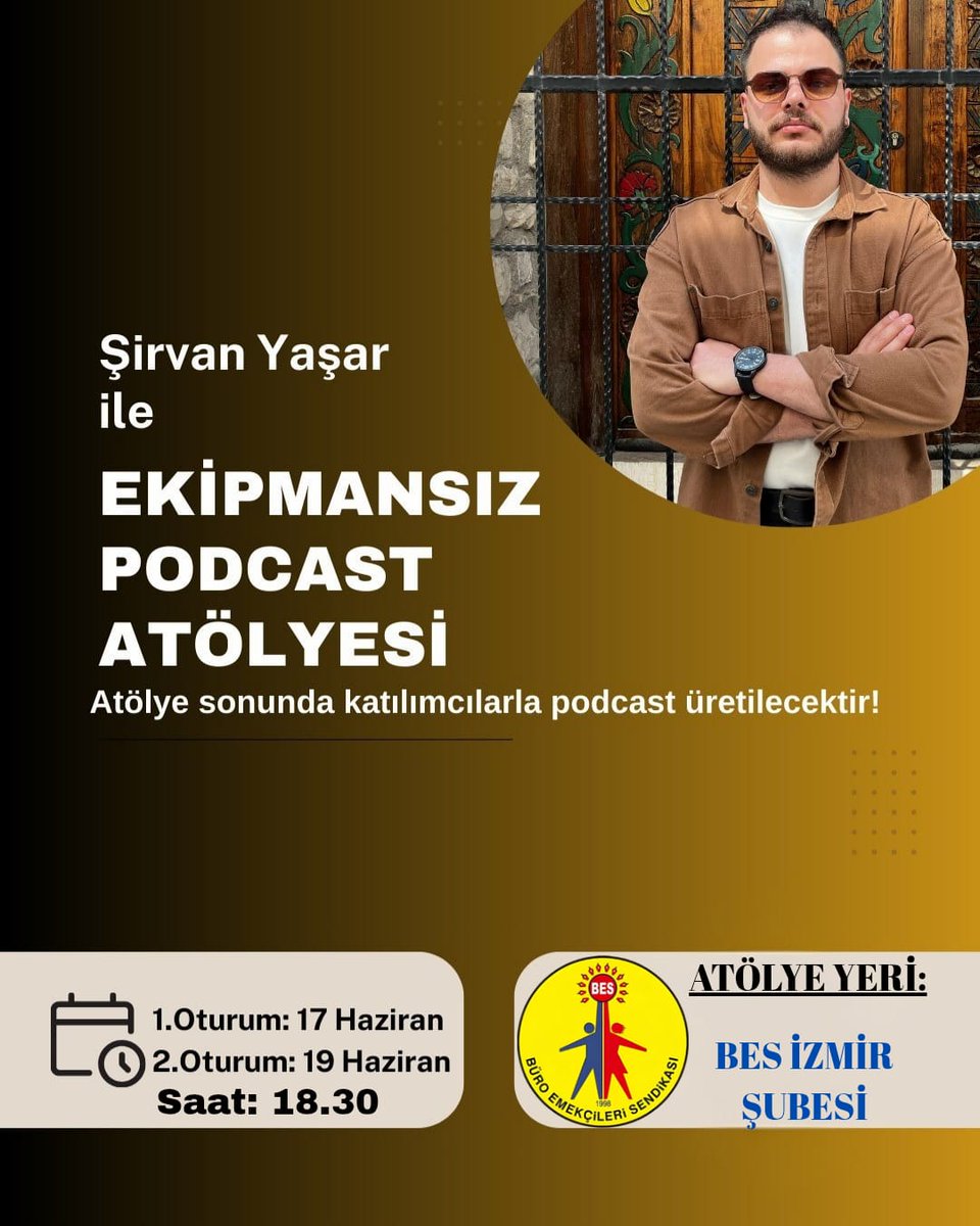 🎙️ Kendi Podcast’ini Yarat! 

– Ekipmansız Podcast Atölyesi
BES İzmir Şube’de teknolojiyle bilgi aktarımı artık herkes için erişilebilir! Bu eşitliği hayatımıza katmak için şubemizde ücretsiz bir podcast atölyesi düzenliyoruz.
🎧 Atölye sonunda podcast'leriniz yayınlanacaktır!
