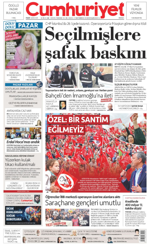 AnkaraCUMOK (@ankaracumok) on Twitter photo CUMHURİYET'te BUGÜN... 1 Haziran 2025...
"CHP İstanbul'da 26 ilçede kazandı. Operasyonlarla 9 başkan görev dışına itildi. SEÇİLMİŞLERE ŞAFAK BASKINI"
<a href="/cumhuriyetgzt/">Cumhuriyet</a> <a href="/AnkaraCUMOK/">AnkaraCUMOK</a>
#GüneCumhuriyetleBaşlayın
#HerGünBirEkmekBirCumhuriyet CUMHURİYET'te BUGÜN... 1 Haziran 2025...
"CHP İstanbul'da 26 ilçede kazandı. Operasyonlarla 9 başkan görev dışına itildi. SEÇİLMİŞLERE ŞAFAK BASKINI"
<a href="/cumhuriyetgzt/">Cumhuriyet</a> <a href="/AnkaraCUMOK/">AnkaraCUMOK</a>
#GüneCumhuriyetleBaşlayın
#HerGünBirEkmekBirCumhuriyet