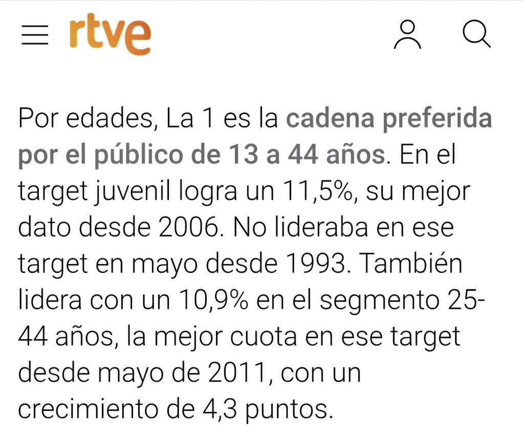 Joan Torreblanca (@joanantontt) on Twitter photo Te dicen hace unos años que <a href="/La1_tve/">La 1</a> sería la cadena líder entre el público joven (13-24) y joven adulto (25-44), y no te lo crees.
La última vez que lideró en el segmento 13-24 años, en un mes de mayo, yo tenía 5 meses de vida😅
¡Enhorabuena a todos!
📰rtve.es/rtve/20250601/… Te dicen hace unos años que <a href="/La1_tve/">La 1</a> sería la cadena líder entre el público joven (13-24) y joven adulto (25-44), y no te lo crees.
La última vez que lideró en el segmento 13-24 años, en un mes de mayo, yo tenía 5 meses de vida😅
¡Enhorabuena a todos!
📰rtve.es/rtve/20250601/…