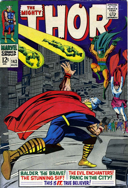 InTHORmation's tweet photo. ON THE SPINNER RACKS JUNE/JULY 1967
Jack Kirby and Vince Colletta cover.
Bill Everett inked the main story
Thor's 96th appearance. Balder's 22nd.
Sif's 8th, her 2nd cover appearance.
Plus the debut of the three Enchanters.
Both lead story &amp; the TOS back-up are continued stories. https://t.co/uls1jsmY4q
