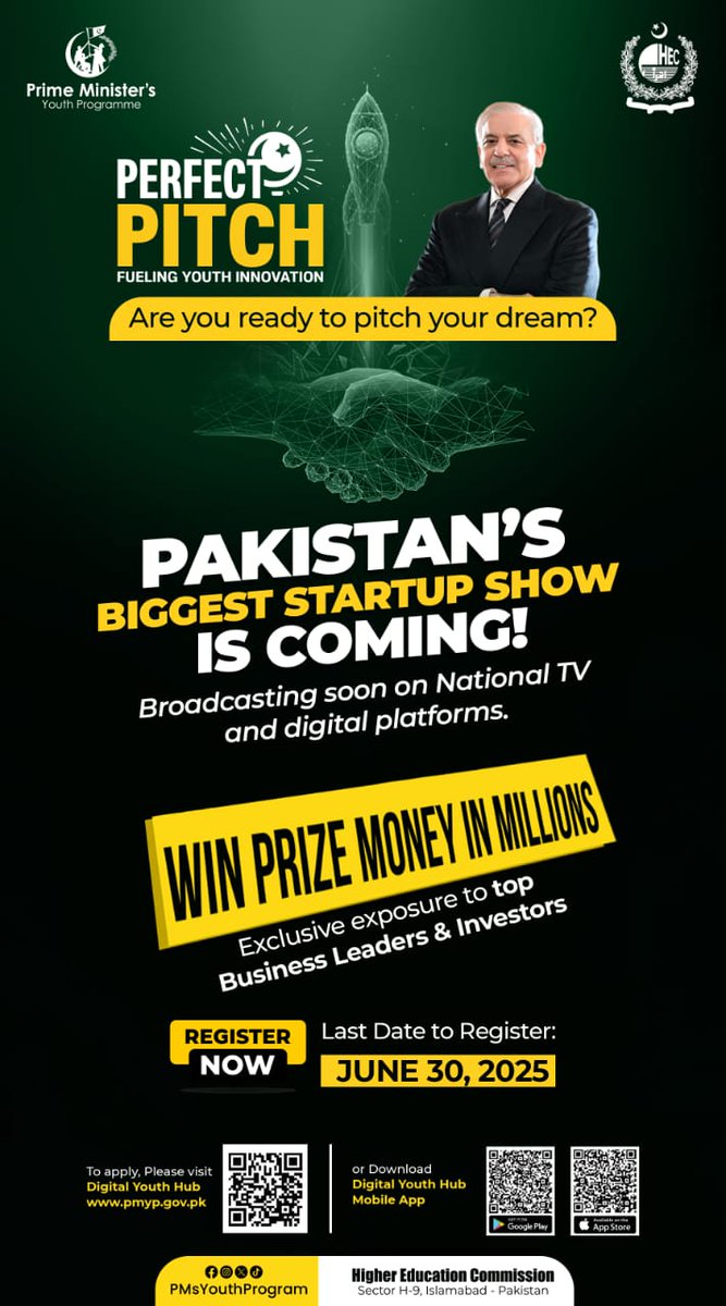 hecpkofficial's tweet image. Are you ready to pitch your dream? 🚀

Pakistan’s biggest startup show is coming! Win millions in prize money &amp;amp; get noticed by top investors.

Register by June 30 at pmyp.gov.pk or via the Digital Youth Hub app.

#PerfectPitch #PMYouthProgramme #HEC