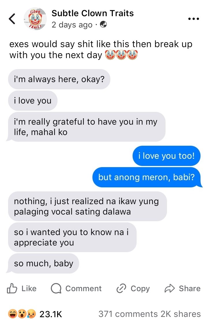 gummyves's tweet image. imgonnagetyouback
if anyone were to ask mikha about her past relationship with aiah, she'd say they ended in good terms.
but for aiah? well...
— or, a short #mikhaiah au kung saan aksidenteng nakita ni mikha ang posts ng ex niyang si aiah sa fb group na "subtle clown traits"