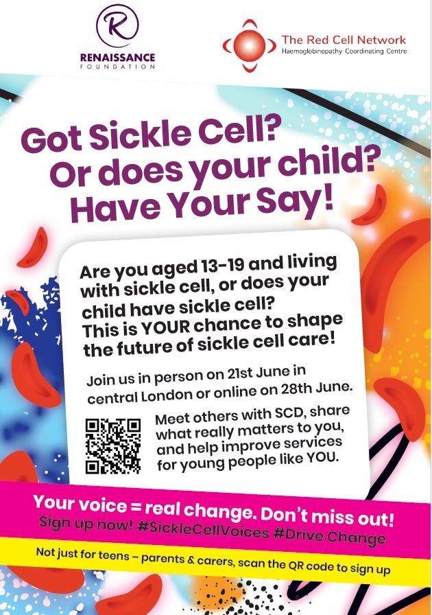 Meet others living with sickle cell disorder at this special event where you can help to change the future of sickle cell care. 

📆 Saturday 21 June
Or, online on Saturday 28 June.

Register: buff.ly/wFLBtBu