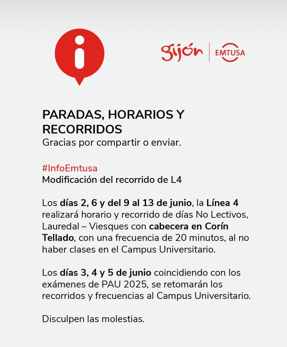 EPI Gijón 🎓 (@epigijon) on Twitter photo 🚌 Cambios en las paradas, horarios y recorridos de <a href="/GijonBus/">Gijón Emtusa ˢᵘ́ᵇᵉᵗᵉ ʸᵃ ᵛᵉʳᵃ́ˢ</a>
👉🏻 gijon.es/es/avisosmovil…
#Gijon #Uniovi #epigijon 🚌 Cambios en las paradas, horarios y recorridos de <a href="/GijonBus/">Gijón Emtusa ˢᵘ́ᵇᵉᵗᵉ ʸᵃ ᵛᵉʳᵃ́ˢ</a>
👉🏻 gijon.es/es/avisosmovil…
#Gijon #Uniovi #epigijon