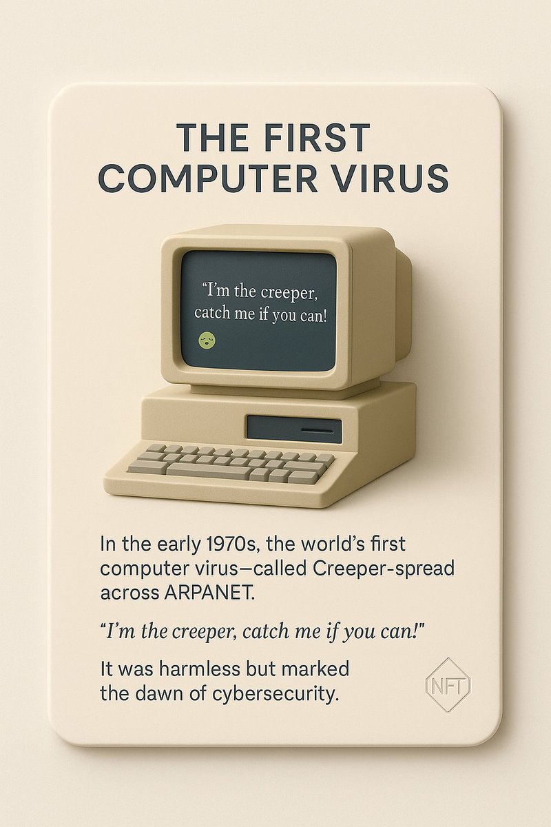 NFT_ProjectBSV's tweet photo. 🟣 Auction is OFFICIALLY LIVE on @ZoideNFT

Another World Facts: The First Computer Virus
By @CoreFacts2050

🦠 Title: The First Computer Virus
📦 Supply: 1
💰 Starting Bid: 1.00 $BSV
🧠 Fact: In the early 1970s, the first computer virus, Creeper, began spreading across ARPANET — the seed of today’s internet.

A digital relic from another world — own a piece of forgotten tech history.

Place your bid now: https://t.co/9sFP9uyjO6
#BSV #Ordinals #ZoideNFT #DigitalHistory #AnotherWorldFacts #CoreFacts2050