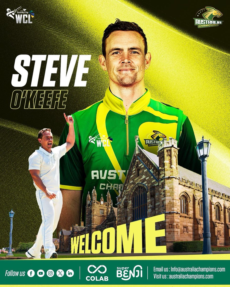 WclAustraliachampions (@australiachamps) on Twitter photo The Aussie artillery gets a new weapon โ Steve OโKeefe! ๐ฏ
Spinโs sharpest weapon has arrived! ๐
<a href="/amarxeon/">Amardeep S Reen</a> #WCL2025 #WCLSeason2 #WorldChampionshipoflegends #Championsbackagain #Aussies #AustralianChampions #WCL The Aussie artillery gets a new weapon โ Steve OโKeefe! ๐ฏ
Spinโs sharpest weapon has arrived! ๐
<a href="/amarxeon/">Amardeep S Reen</a> #WCL2025 #WCLSeason2 #WorldChampionshipoflegends #Championsbackagain #Aussies #AustralianChampions #WCL