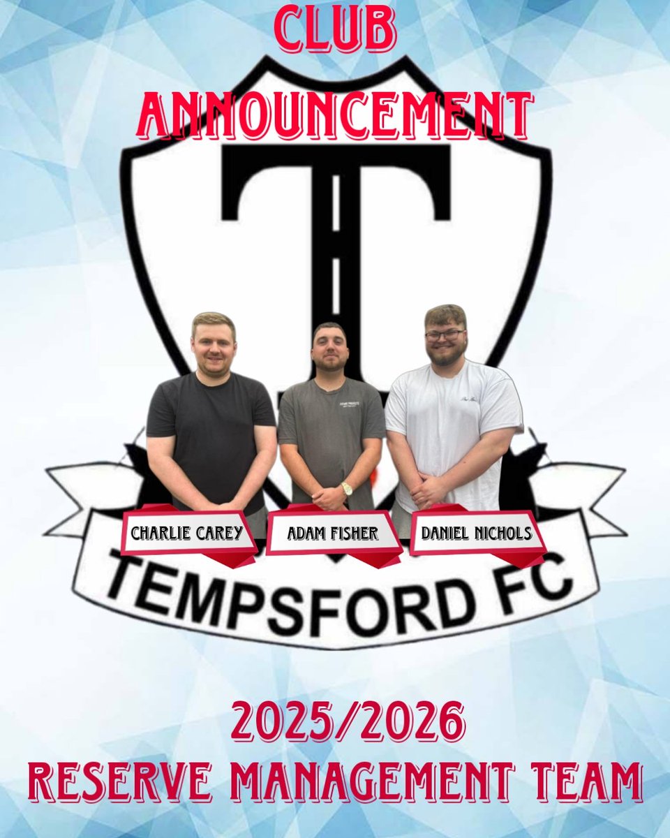 BREAKING NEWS
Tempsford FC is pleased to announce a new management setup for our Reserve team. We're excited to welcome Adam Fisher,Charlie Carey and Daniel Nichols to the coaching staff as they take the reins ahead of the new season. #UTT #Tempsford #GrassRootsFootball #NewEra