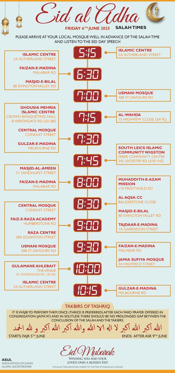 #EidAlAdha Salaah times for #Leicester - Friday 6th June 2025
#EidMubaruk