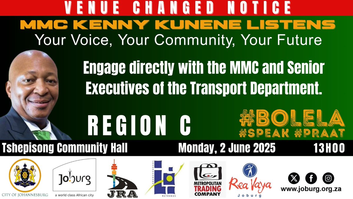 Office of the MMC: Transport (@mmckennykunene) on Twitter photo The MMC for Transport in the <a href="/CityofJoburgZA/">City of Joburg</a> invites residents to participate in his new initiative, "MMC Kenny Kunene Listens." This provides an opportunity for residents to voice their concerns while he listens, joined by officials from the Transport Department.
<a href="/Kenny_T_Kunene/">Kenny Kunene</a> The MMC for Transport in the <a href="/CityofJoburgZA/">City of Joburg</a> invites residents to participate in his new initiative, "MMC Kenny Kunene Listens." This provides an opportunity for residents to voice their concerns while he listens, joined by officials from the Transport Department.
<a href="/Kenny_T_Kunene/">Kenny Kunene</a>