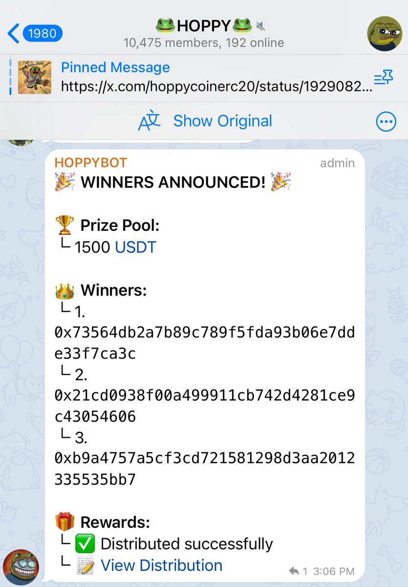 Congratulations to the $1500 prize winners during the last campaign. 

Any ERC-20 project can use the @thehoppybot to setup a giveaway campaign. 

You can view the active giveaway campaigns at the reward channel 

t.me/hoppygiveaways

$eth $btc $hoppy $pepe $andy $wolf $brett