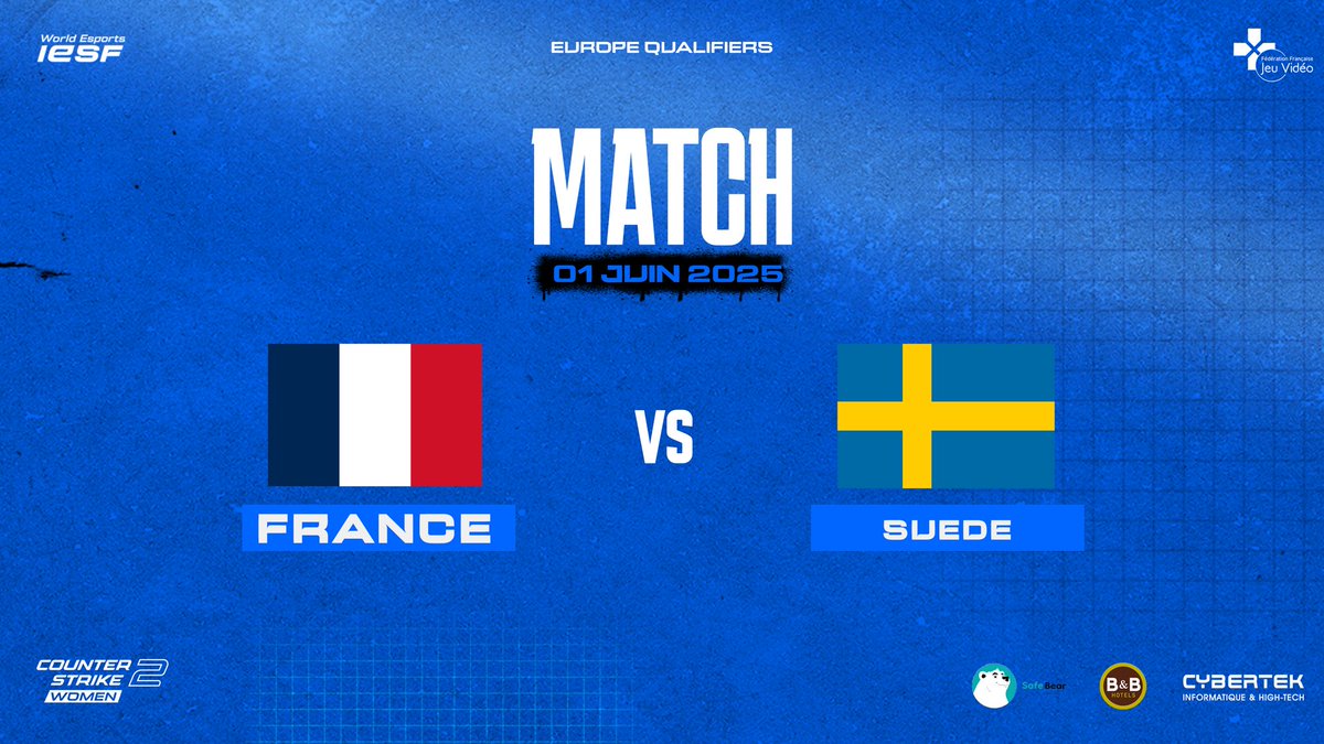 European Qualif IESF CS2 Women

🔥 Large victoire de nos Bleues face aux Pays-Bas ! 🇫🇷💪

⚔️Prochain match : 
🆚la Suède 🇸🇪

Toujours en BO1 pour le seeding des phases finales IESF 2025.

🎙️<a href="/MissPikatchette/">Miss Pikatchette</a> ft <a href="/JawedCS/">Jawed</a> 

🎥 twitch.tv/ffjv_officiel &amp; twitch.tv/jawedcs