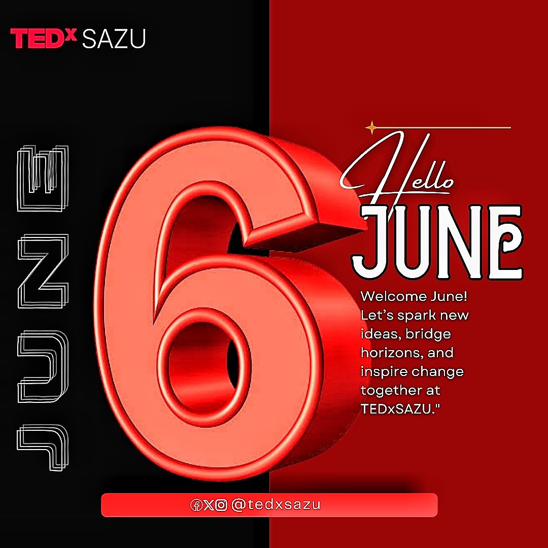 TEDxSAZU's tweet photo. Happy New Month! 🌞 June is here, and with it comes the spark of fresh ideas and bold connections! Join us as we gear up for TEDxSAZU, under the theme Bridging Horizons. Let’s inspire, innovate, and shape the future together.
#TEDxSAZU #BridgingHorizons #NewMonth https://t.co/FLzmYNxRPa