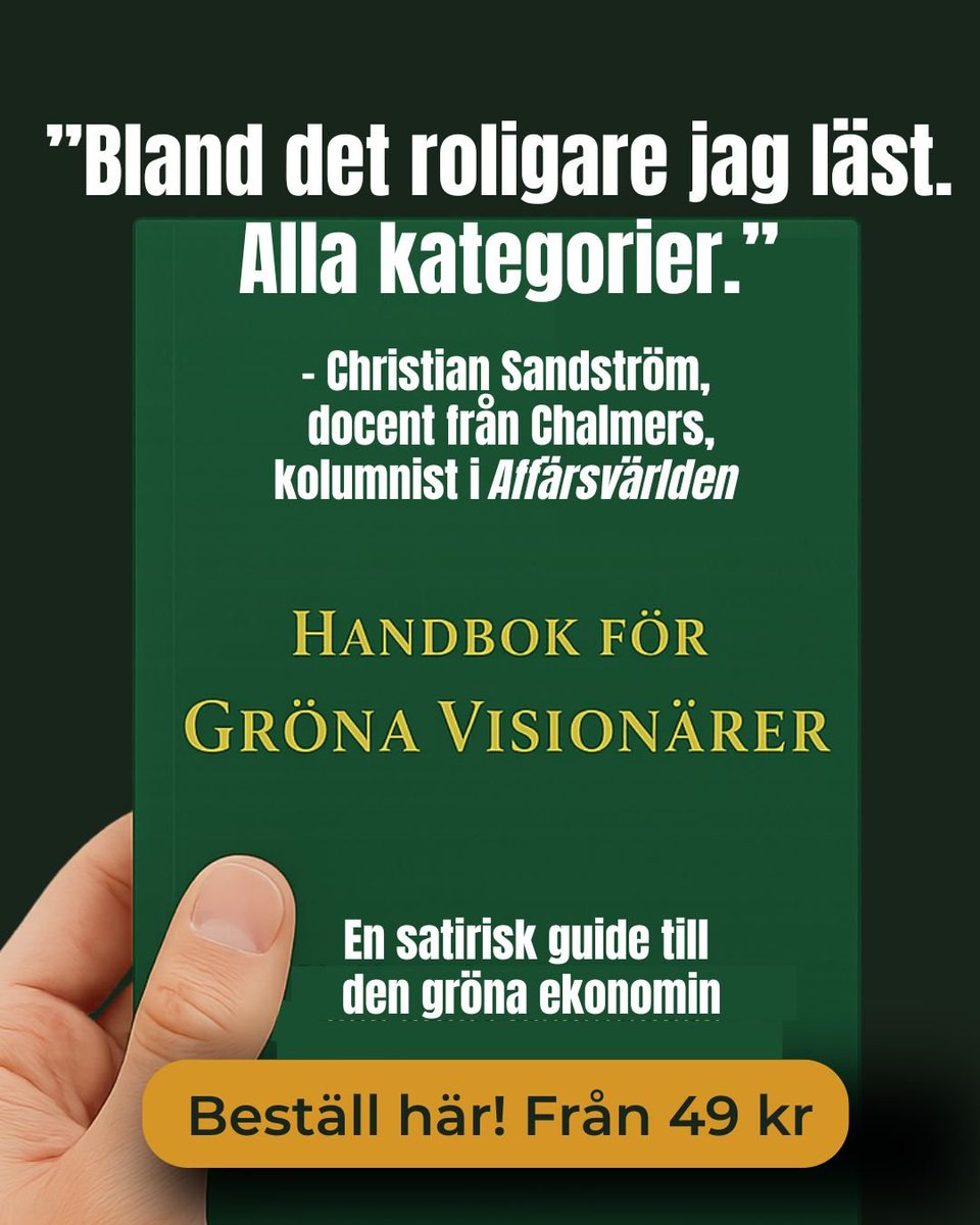 engronvisionar's tweet photo. 🟢 "Bland det roligare jag läst. Alla kategorier."
— Christian Sandström
📘 Handbok för Gröna Visionärer
En satirisk guide till den gröna ekonomin.
📦 Från 49 kr – beställ innan den förbjuds:
👉 https://t.co/bWs8HD0fQA
#satir #hållbarhet https://t.co/m51Ac6C8qe
