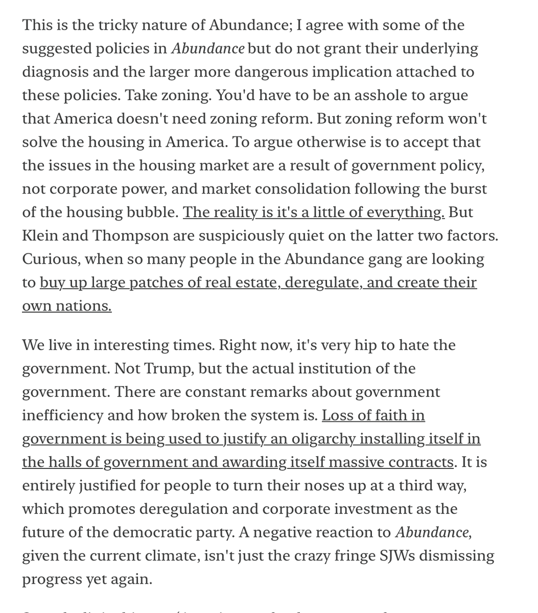 This is just stupid! I’m sorry, there is no market consolidation in the housing market. Even if there were, that doesn’t necessarily mean higher prices.

You don’t like the abundance agenda because you’re an economic leftist, you believe false things about the world that do not