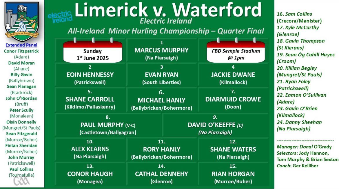 Best of luck to JTBCS students Michael Hanly, Rory Hanly, John O'Riordan and all involved with the <a href="/LimerickCLG/">Limerick GAA</a> Minor Hurling team today in their All Ireland 1/4 Final🤞🏻🤞🏻

TI is at 1pm in Semple Stadium🟢⚪️

#luimneachabú

<a href="/_bruffgaa/">Bruff GAA</a> <a href="/BallybGAA/">Ballybricken Bohermore GAA</a>