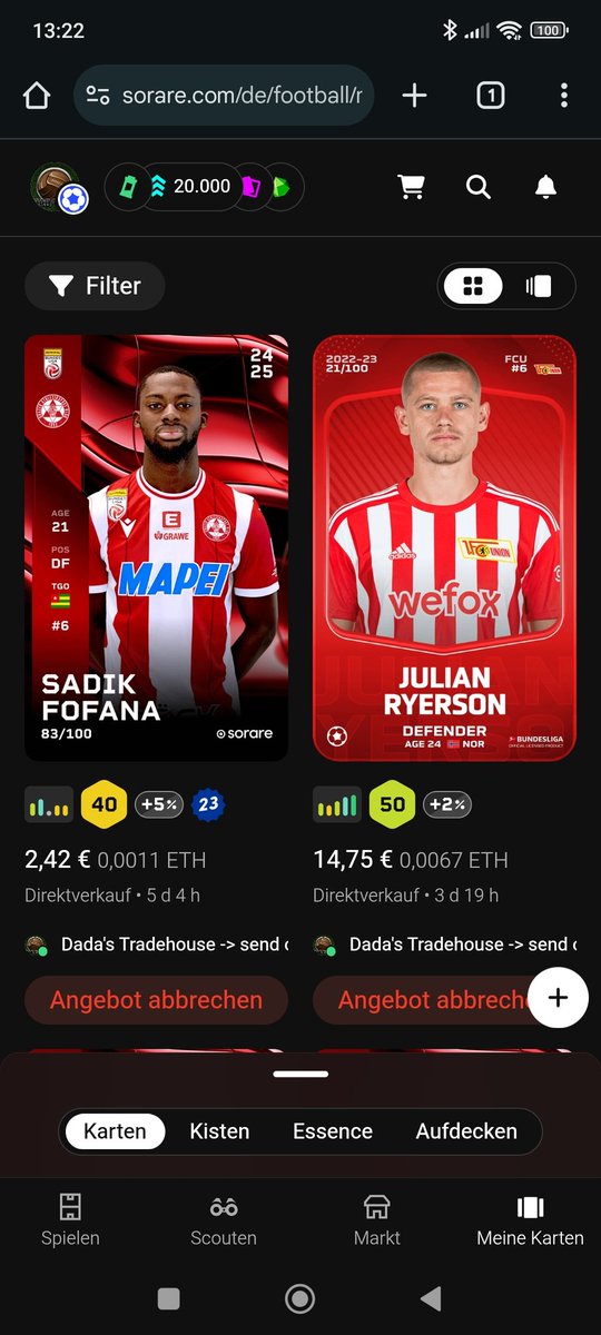 #Sorare 

I want to sell all my Rare Cards. Total Floorprice of 106€, i would sell for around 75€ (70%of the Floor) ... If anyone wants to buy them. Message me ❤️

sorare.com/de/football/my…

<a href="/Gibo1991254565/">Gibo91</a> <a href="/SirHiss_/">Sir Hiss - The Swap Bot</a> <a href="/SatonioSorare/">Satonio Sorare</a> <a href="/basilp_nft/">basilbot</a> <a href="/PawelTrader_/">PawelTrader ✨🪙🕊️</a>