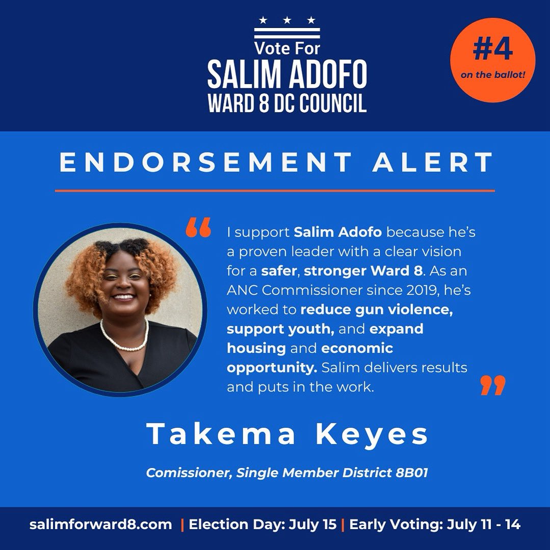 Salim Adofo (@salimforward8) on Twitter photo Thank you Commissioner <a href="/TakemaKeyes/">Commissioner Takema Keyes</a>. I am glad to have your support. You are a valued leader in our community.
#WeAreWard8
SalimForWard8.com Thank you Commissioner <a href="/TakemaKeyes/">Commissioner Takema Keyes</a>. I am glad to have your support. You are a valued leader in our community.
#WeAreWard8
SalimForWard8.com