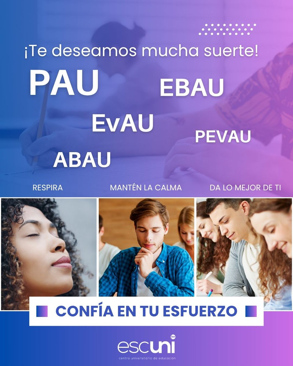 ¡Muchísima suerte a todos los estudiantes que afrontan desde hoy la PAU!
✨ Estos días son un reto, pero confía en todo el esfuerzo y dedicación que has puesto en su preparación.
Respira profundamente, mantén la calma y da lo mejor de ti mismo.💪
¡Ánimo y éxito!

#PAU2025
