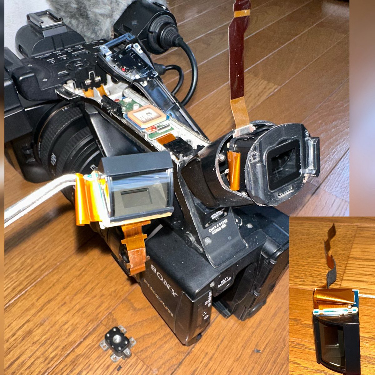 KLE400's tweet photo. SONY NX5のビューファー液晶交換の儀。
液晶モニターとビューファーを同時点灯させる古代使用のカメラは先に小さいビューファーの液晶が壊れる。たぶん太陽光で。
その為、昨今のカメラは同時表示が禁止されてる模様。
#デジ #業務用ビデオカメラ #SONY #NX5 #撮影機材 #カメラ好きな人と繋がりたい https://t.co/Q2QAeKVuWr