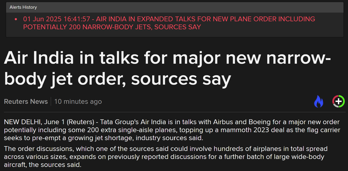 aditishahsays's tweet photo. #OnReuters Air India is back in the market for planes. After placing a near-record order for 470 jets in 2023 and another 100 planes subsequently, the airline is now in talks with @Airbus and @BoeingAirplanes for some 200 narrowbodies. With @timhepher at #IATAAGM2025 @IATA https://t.co/KUoYavmmet