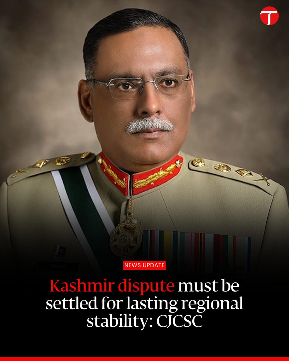 General Sahir Shamshad Mirza, Chairman of the Joint Chiefs of Staff Committee (CJCSC) has called for an urgent resolution of the Kashmir dispute, warning that continued tensions with India threaten regional peace and security.

For more: tribune.com.pk/story/2548926/1
#etribune