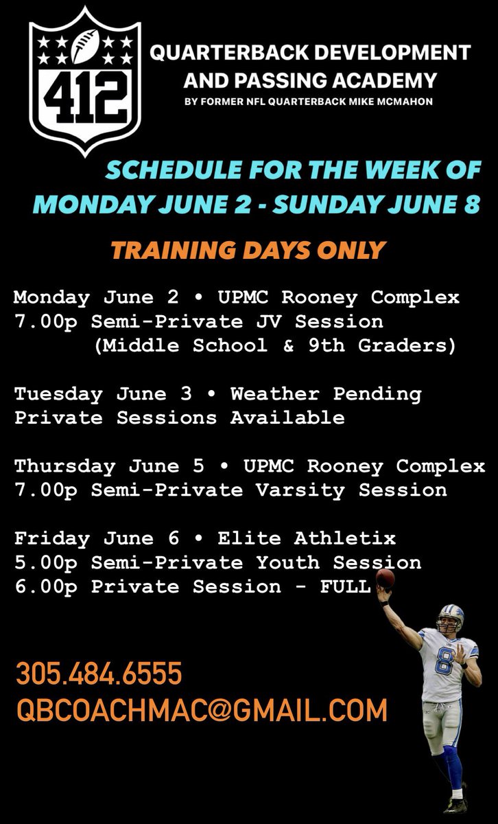Mike McMahon (@michaelemcmahon) on Twitter photo Quarterback Development Scheduleā¦
Monday June 2nd - Sunday June 8th
PHONE: 305.484.6555
EMAIL: qbcoachmac@gmail.com Quarterback Development Scheduleā¦
Monday June 2nd - Sunday June 8th
PHONE: 305.484.6555
EMAIL: qbcoachmac@gmail.com