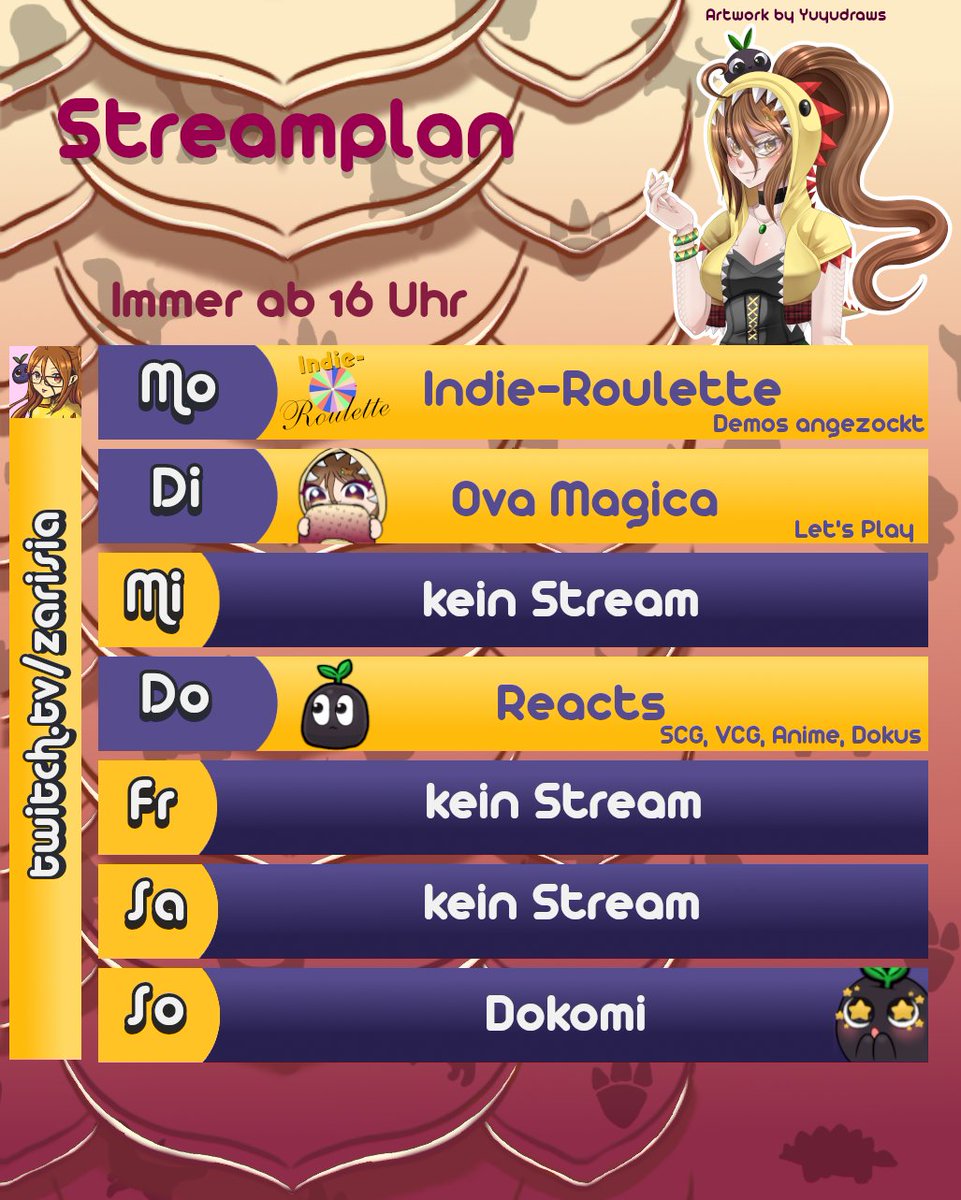 Es ist Dokomi-Woche!
Deswegen fällt der Streamplan diese Woche ein wenig schmaler aus.
Das Indie-Roulette wird auf Montag verlegt, Gaming-Dienstag bleibt und React-Donnerstag auch.

Schaltet ein <3

Außerdem ist für die kommenden Montage eine Retro-Überraschung am köcheln 👀