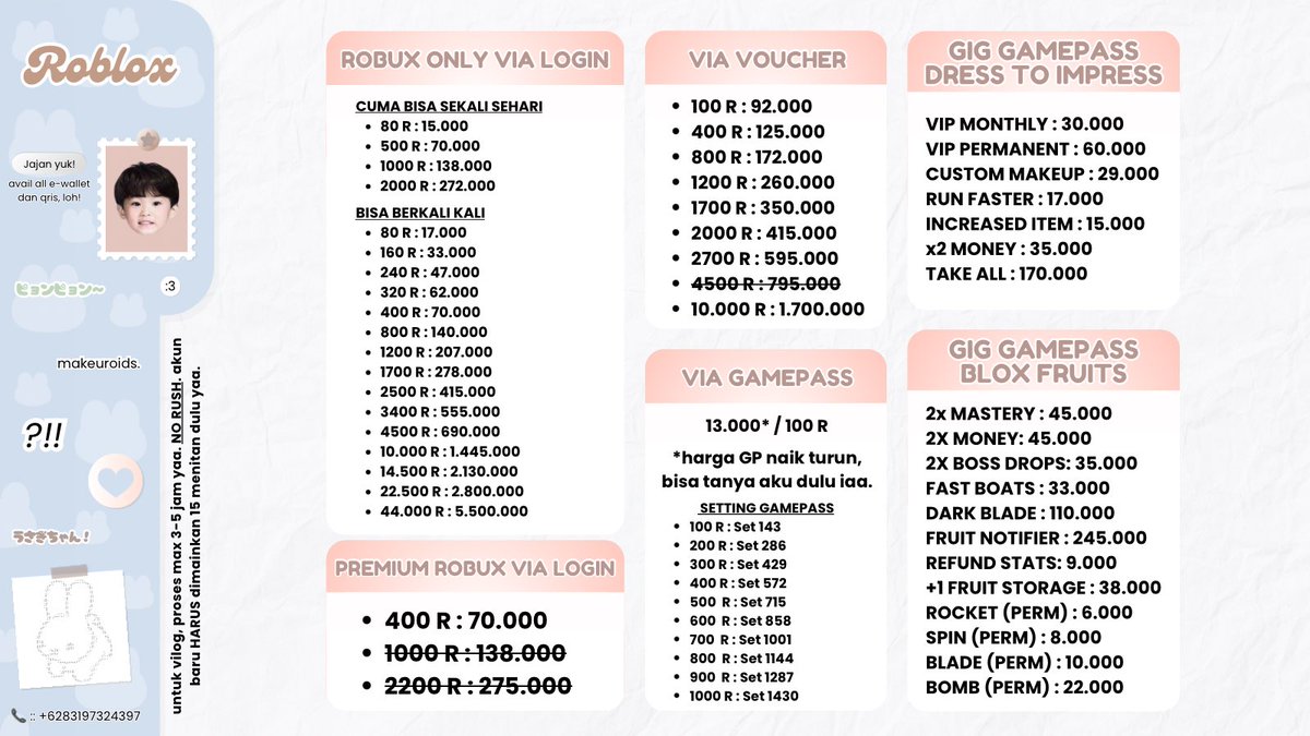 makeuroids's tweet image. Knockie-nock! 🚪💥

Hello! Who’s behind the door? Ada akuuu yang yang bawa pl baru nih! Aku ridi robux maupun roblox needs kamu dari A sampai Z! 🫡

Testimoni dari semua service aku ada di bio ya, kalau minat bisa langsung WhatsApp atau DM aku iaa. 🐰🤍 #zonauang