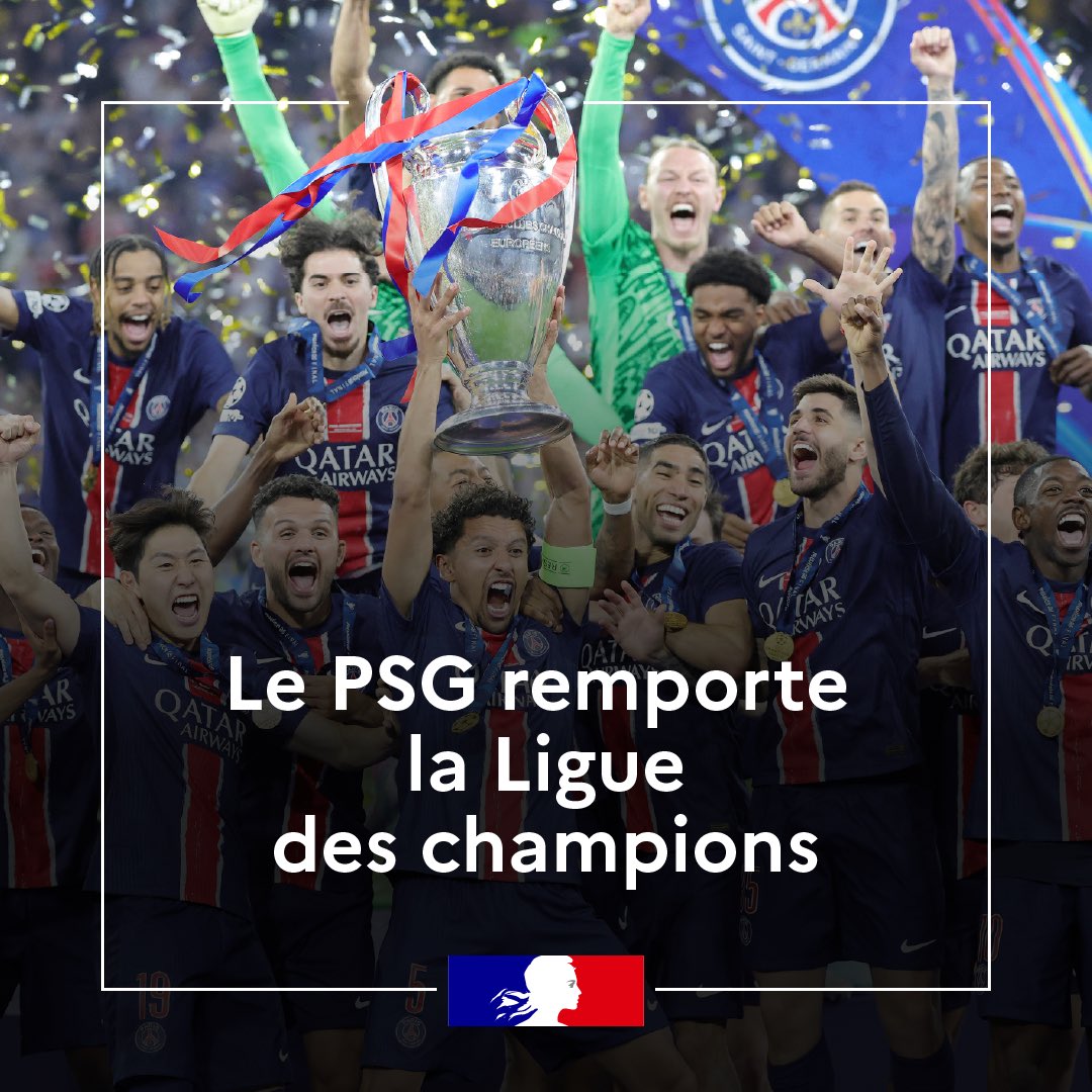 Gouvernement (@gouvernementfr) on Twitter photo Champion mon frère ! 🏆
Le <a href="/PSG_inside/">Paris Saint-Germain</a> remporte la première Ligue des champions de son histoire en battant l’Inter Milan 5 à 0. 🔴🔵 Champion mon frère ! 🏆
Le <a href="/PSG_inside/">Paris Saint-Germain</a> remporte la première Ligue des champions de son histoire en battant l’Inter Milan 5 à 0. 🔴🔵