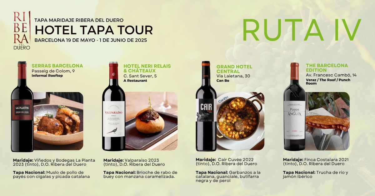 Último día para disfrutar del Hotel Tapa Tour con Ribera del Duero

Si estás en Barcelona, aún estás a tiempo de vivir una experiencia enogastronómica única. 

🥂 Nuestros vinos están presentes en algunos de los hoteles más exclusivos de la ciudad, maridando tapas de autor que