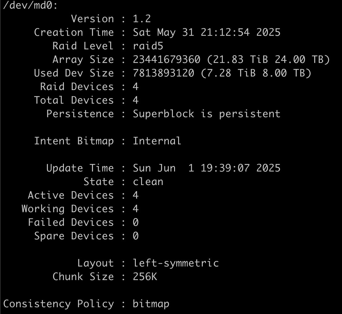 把四块4T的阵列升级到了四块8T的。数据先tar备份到几盘LTO-6磁带上，再tar回来。