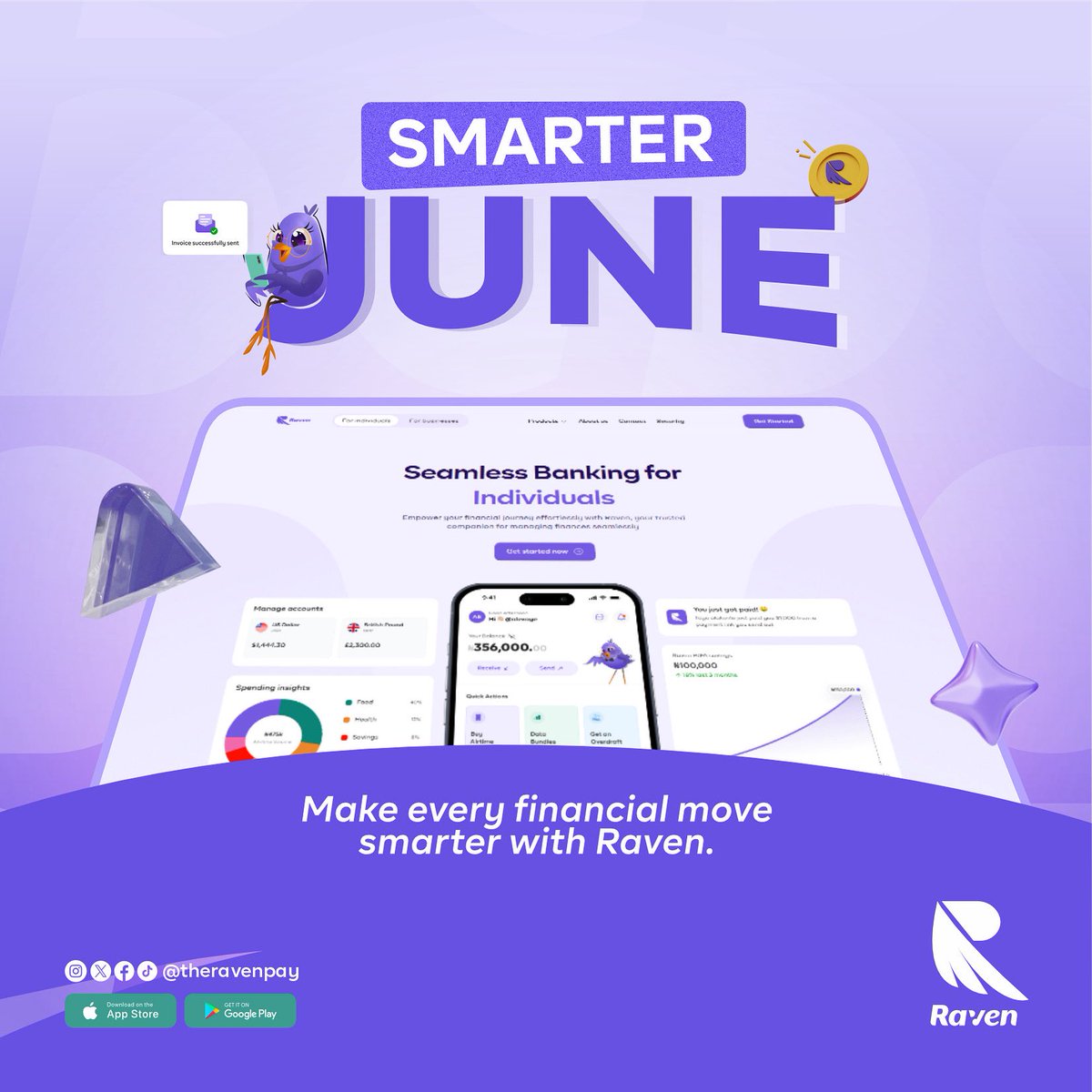 theravenpay's tweet image. A new month is here and it's a fresh😇 chance to take charge of your money, stress less and bank better👌🏽.

Bank smarter this June. Raven’s got you every step of the way💚.

#RavenBank #NewMonth #EverydayBanking #JuneWithRaven