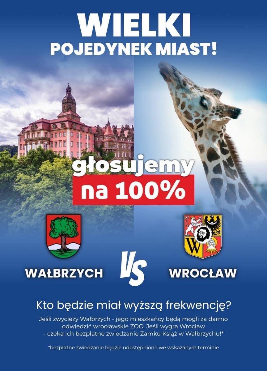 A kto prowadzi w turystyczno-krajoznawczym pojedynku Wałbrzych vs Wrocław? Odpowiedź poniżej, do roboty, bo dzisiaj wszyscy #Głosujemyna100procent!
Frekwencja na godz. 12:00:
📷 Wrocław 25,13%
📷 Wałbrzych 22,93% 
<a href="/SutrykJacek/">Jacek Sutryk</a> <a href="/RomanSzelemej/">Roman Szełemej</a> <a href="/RGranowska/">renata granowska</a>