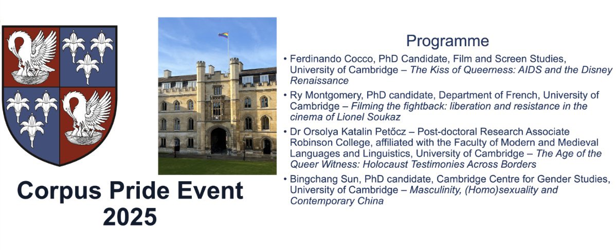 Ewan St. John Smith (@psalmotoxin) on Twitter photo First day of Pride month & <a href="/CorpusCambridge/">Corpus Christi</a> flies the 🏳️🌈 to kick things off!
As the College’s LGBTQ+ Champion, it’s been great organising this evening’s 4th Corpus Pride Event, researchers presenting on LGTBQ+ research, & then there’s the Pride Formal - looking forward to it! First day of Pride month & <a href="/CorpusCambridge/">Corpus Christi</a> flies the 🏳️🌈 to kick things off!
As the College’s LGBTQ+ Champion, it’s been great organising this evening’s 4th Corpus Pride Event, researchers presenting on LGTBQ+ research, & then there’s the Pride Formal - looking forward to it!