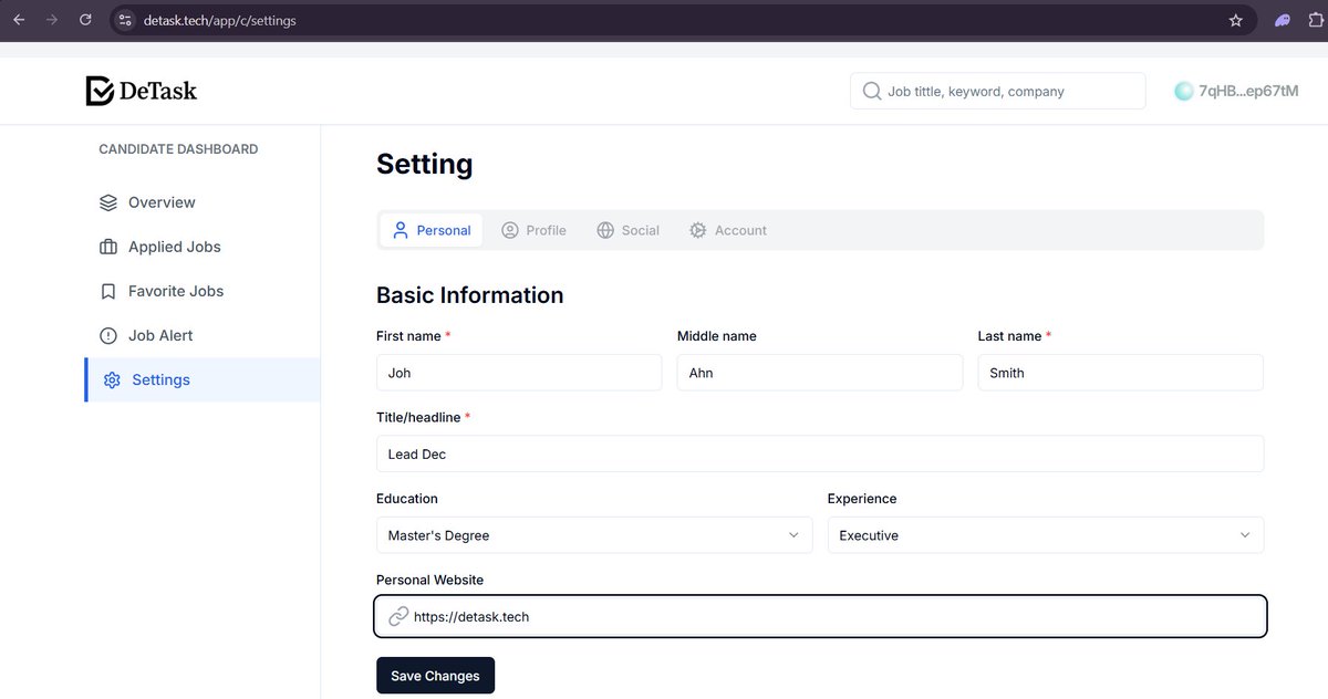 DetaskTech's tweet image. The Detask freelancer portal lets you build a professional profile:
🔹 Enter your name, title, experience, and personal website
🔹 Data is tied to your wallet—no accounts, no passwords
🔹 Smart contracts make your profile tamper-proof and fully on-chain

A secure, verifiable…