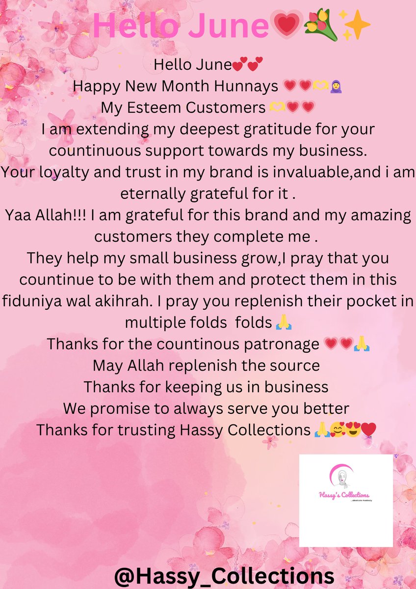 HassyCollectns's tweet image. Hello June 馃挄鉁笍馃帀馃拹
Happy New Month Hunnays 馃挆馃挆馃馃
My Esteem Customers 馃馃挆馃挆
I am extending my deepest gratitude for your countinuous support towards my business.
Your loyalty and trust in my brand is invaluable,and i am eternally grateful for it .
Yaa Allah!!! I am