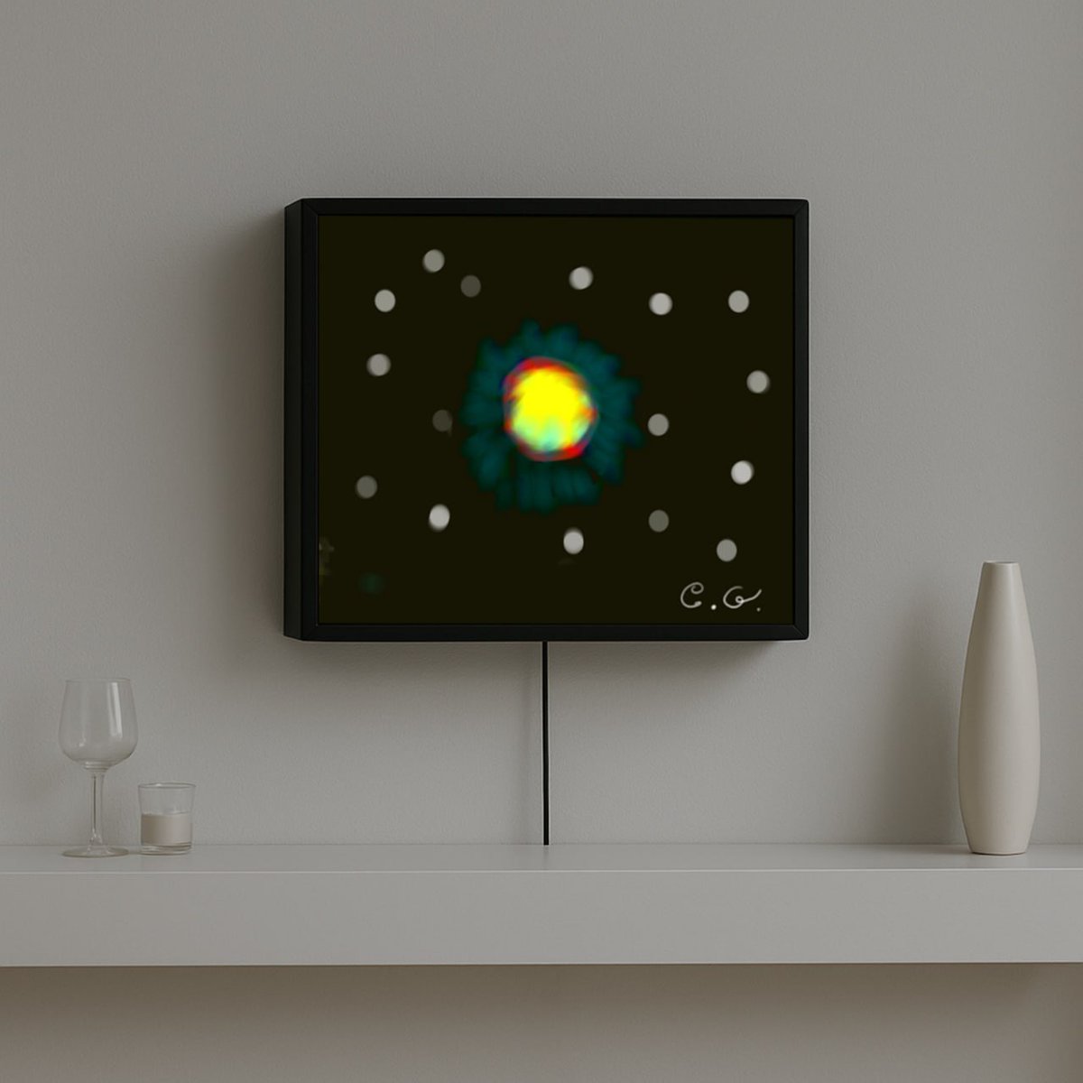 Each digital offering in the Paintboxed Exhibition's concurrent release on <a href="/objktcom/">objkt.com</a> is minted as a 1/1 on Tezos and is paired with a physical 1/1 lightbox or print.

Below: 'Cosmic Burst' (2024) by <a href="/ivonatau/">Ivona Tau</a>, shown in digital + physical — the 1st AI based work on the Paintbox.