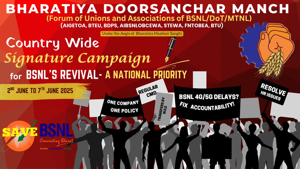 aigetoachq's tweet photo. Appeal to Safeguard the Swadeshi Mobile Technology: Voice of Bharat, Strength of BSNL

#BSNL is not just a company - it is the beating heart of India’s telecom sovereignty.

It is the only fully government-owned telecom PSU committed to serving every citizen - from the remotest village in the Himalayas to the borders of Ladakh, Arunachal Pradesh, and the Andamans.

When private operators abandoned loss-making rural areas, BSNL stood firm - connecting the disconnected, empowering the unserved, and protecting national interests.

Today, #BSNL employees, under the united banner of Bharatiya Doorsanchar Manch (BDM), are once again rising — not for perks or privileges, but for justice, dignity, and for the very survival of #Swadeshi telecom technology.

Despite repeated revival packages, patriotic service, and reconciliatory meetings, the BSNL Management and the Department of Telecommunications have failed to act on the following:

Our Demands:
1. Expeditious and smooth rollout of BSNL’s full-fledged 4G and 5G services under #AtmaNirbharBharat, using #Swadeshi technology to arrest the growing dis-satisfaction of its customers.

2. White paper on revival progress, and accountability on how the taxpayer-funded revival packages have been utilized vis-à-vis the investment made and its associated outcome.

3. Posting of regular CMD, CGMs, and BA Heads to ensure stability and governance in @BSNLCorporate .

4. White paper on the assets of @BSNLCorporate  which have been taken by @DoT_India  after 01.10.2000 without providing adequate compensation to BSNL. Either provide adequate compensation to BSNL under land monetisation scheme at market rates else transfer the ownership back to BSNL as envisaged in the terms and conditions formulated while incorporating BSNL.

5.  Implement the recommendations of Committee of Public undertakings (COPU) in its 6th Report for BSNL dated 18th December 2024 submitted to the 18th Lok Sabha.

6. “One Company - One Policy” for all Employee in #BSNL as envisaged in COPU’s 6th Report for BSNL. The disparity in the Pay, Perks & allowances and Promotional avenues of those on deputation and those Recruited/absorbed in BSNL must be removed and equal rights must be given to all.

7. Implementation of 3rd PRC in BSNL for executives by waiving off the affordability clause in view of the BSNL’s status as strategic PSU and its involvement in the “Make in India” initiative for development of Swadeshi 4G/5G Technology.  Finalization of Wage negotiation for non-executives.

8. Immediate implementation of Residual issues of 2nd PRC viz E2 standard pay scales JTO/JAO equivalent as recommended by BSNL Board, full 30% SAB contribution, resolution of Pay loss issues to restore employee morale and parity. Implementation of E1 instead of NE-12 scale for the non-executives at par with MTNL. Fixing the appropriate JE pay scale and Review of NEPP.

9. Delinking of Pension Revision with Profitability of BSNL. Pension Revision of BSNL/MTNL Pensioners at par with Central Government Pensioners and implementation of Hon'ble PBCAT judgement.

10. Give one time option to be covered under the CCS (Pension) rules 1972 for the executives and non-executives whose recruitment process was initiated / notified by DoT before formation of BSNL.

11. Ensure smooth career progression for all eligible executives and non-executives. Respect policy transparency and ensure dignity in service matters.

12. Intervention at highest level with EPFO authorities to ensure that the EPF higher pension options of BSNL Executives are accepted.

13. Provide adequate Indoor and Outdoor Medical Coverage.

14. Ensure that BSNL is treated as a strategic asset, not a burden - and protect its Swadeshi identity.

Why This Matters to Every Indian:

BSNL is the last mile of trust in our telecom landscape. When natural disasters strike, BSNL restores service. When national security is at stake, BSNL protects the digital borders. It is India’s telecom soldier - reliable, resilient, and rooted in public service.

- National Security: BSNL’s network is critical for defense, rural connectivity, and emergencies.

-Atmanirbhar Bharat: BSNL’s 4G/5G rollout with indigenous technology is key to self-reliance.

- Employee Welfare: Thousands of BSNL workers face stagnation, unpaid dues, and unfair policies.

But despite its historic role and unwavering loyalty, BSNL’s workforce is being neglected, demoralized, and marginalised.

We Need Your Support

#BSNL is not just a company – it’s a national mission. If we lose BSNL, India loses control over its telecom future.

We, the people of India, demand:

-Safeguarding the Swadeshi Telecom Mission of Homegrown 4G/5G Technology.

-Protection of Bharat’s Sovereign Telecom Asset.

-Transparency in BSNL’s revival and accountability in utilisation of revival packages.

-Justice for BSNL Employees.

We appeal to the Hon’ble Prime Minister, Hon’ble MoC to direct BSNL Management to act now - restore the trust, act on promises, and make BSNL a proud pillar of #AtmaNirbharBharat.

Sign this petition (https://t.co/rmlLninwlr)  if you believe in Bharat, in BSNL, and in Swadeshi technology. Let’s raise our voice for those who connect every voice in this country.

https://t.co/rmlLninwlr

@PMOIndia 
@JM_Scindia
@PemmasaniOnX
@neerajmittalias
@DoT_India
@CMDBSNL
@GSAIGETOA
@BmsJagadish
@BMSkendra 
@gsbteubsnl 

#SaveBSNL #SwadeshiTelecom #BSNL4G5GNow #AtmaNirbharBharat
#JusticeForBSNLEmployees #BSNLKiJaan #ProtectOurTelecom #VoiceOfBharat
#BSNLOwnsIndia #TelecomSovereignty #COPUReportForBSNL #SupportBSNL
#BSNLRevival #BSNLEmployees #JusticeForBSNL #BharatiyaDoorsancharManch #SignThePetition #TelecomIndia #OurBSNLOurPride