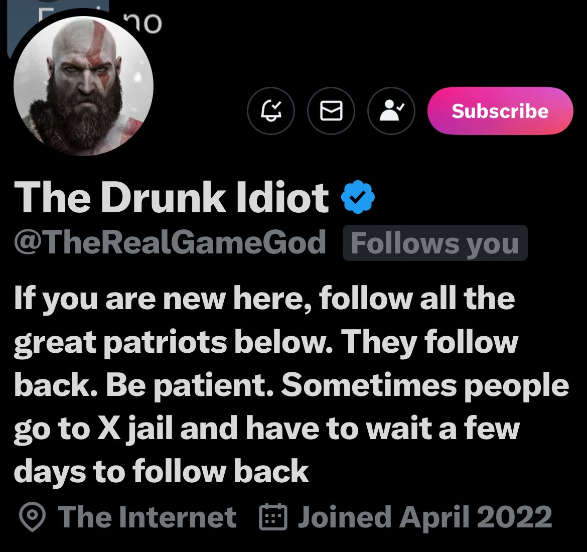 American Values 🇺🇸 (@avgirl4life) on Twitter photo If you’re a small account looking to grow <a href="/TheRealGameGod/">The Drunk Idiot</a> is a must follow.
No one does more for small accounts on X If you’re a small account looking to grow <a href="/TheRealGameGod/">The Drunk Idiot</a> is a must follow.
No one does more for small accounts on X
