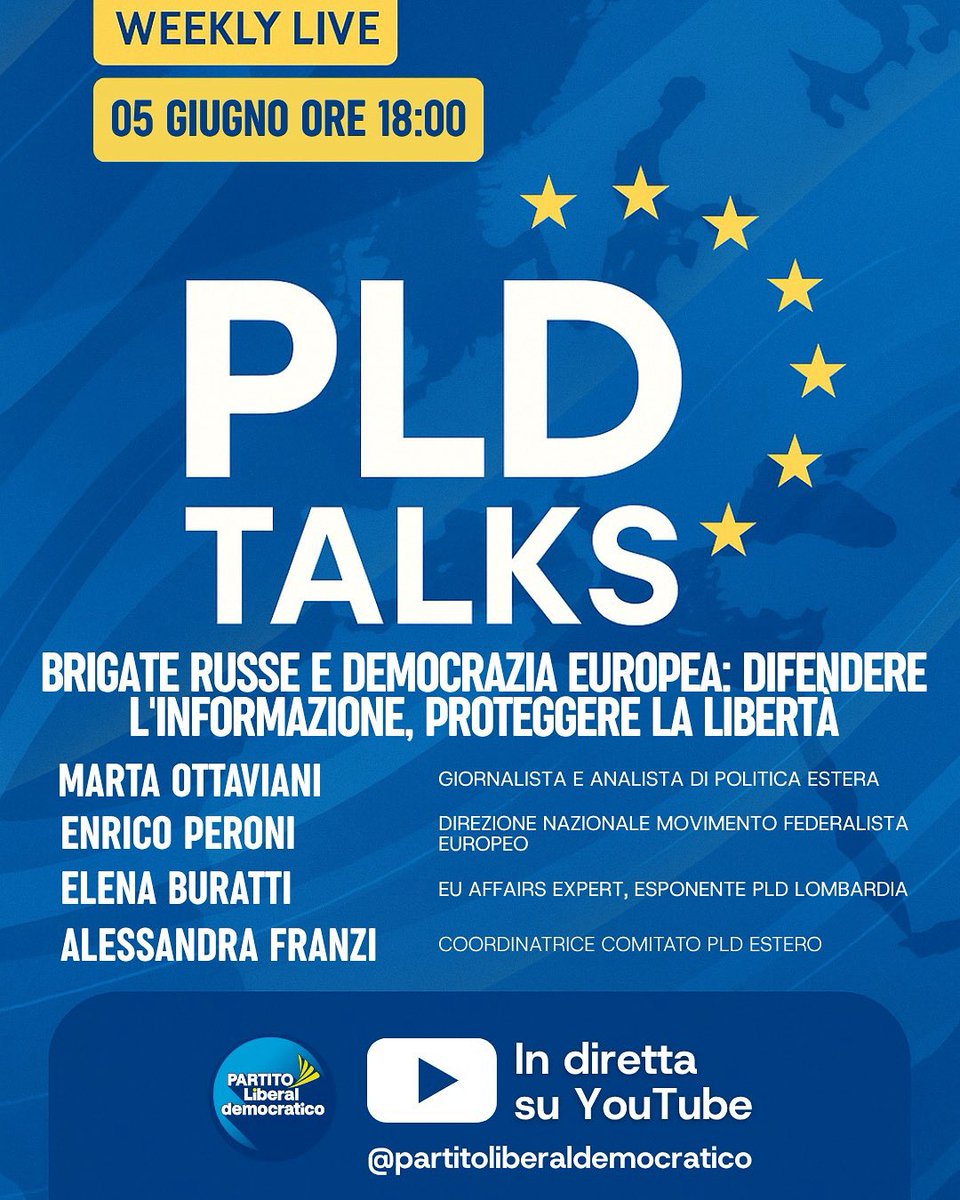 Luigi Marattin (@marattin) on Twitter photo Proseguono i PLDTalks, i webinar di approfondimento settimanale del <a href="/Partito_Libdem/">Partito Liberaldemocratico</a>
Dopo energia, fine-vita e giustizia, giovedì parliamo di politica estera e disinformazione russa.
Con le nostre Elena Buratti e Alessandra Franzi, Enrico Peroni (del Movimento Federalista Proseguono i PLDTalks, i webinar di approfondimento settimanale del <a href="/Partito_Libdem/">Partito Liberaldemocratico</a>
Dopo energia, fine-vita e giustizia, giovedì parliamo di politica estera e disinformazione russa.
Con le nostre Elena Buratti e Alessandra Franzi, Enrico Peroni (del Movimento Federalista