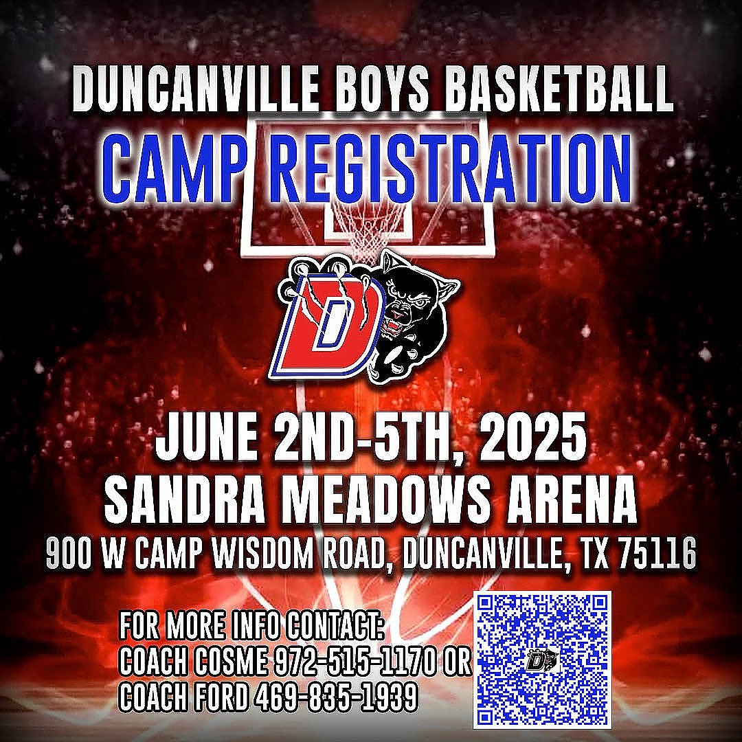 Best Camp of the Summer Camp with the Champs 
Incoming Grades 3-9
🏫 Place : 
Duncanville HS

📅 Schedule:
🕘 Grades 3rd–5th: 
9 AM – 12 PM (Doors open 8:30 AM)
🕐 Grades 7th–9th: 
1 PM – 4 PM (Doors open 12:30 PM)

docs.google.com/forms/d/e/1FAI…