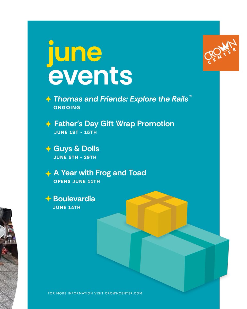 Crown Center (@crowncenter) on Twitter photo Tune in for a summer of fun at Crown Center! 🎵
🚂 Ongoing: Thomas & Friends™: Explore the Rails! Free Exhibit
🎁 6/1-15: Father’s Day Gift Wrap Promo
🎭 Opens 6/11: “A Year with Frog & Toad” at the <a href="/CoterieTheatre/">The Coterie Theatre</a>
🎤 6/14: Boulevardia
Learn more at CrownCenter.com/events Tune in for a summer of fun at Crown Center! 🎵
🚂 Ongoing: Thomas & Friends™: Explore the Rails! Free Exhibit
🎁 6/1-15: Father’s Day Gift Wrap Promo
🎭 Opens 6/11: “A Year with Frog & Toad” at the <a href="/CoterieTheatre/">The Coterie Theatre</a>
🎤 6/14: Boulevardia
Learn more at CrownCenter.com/events