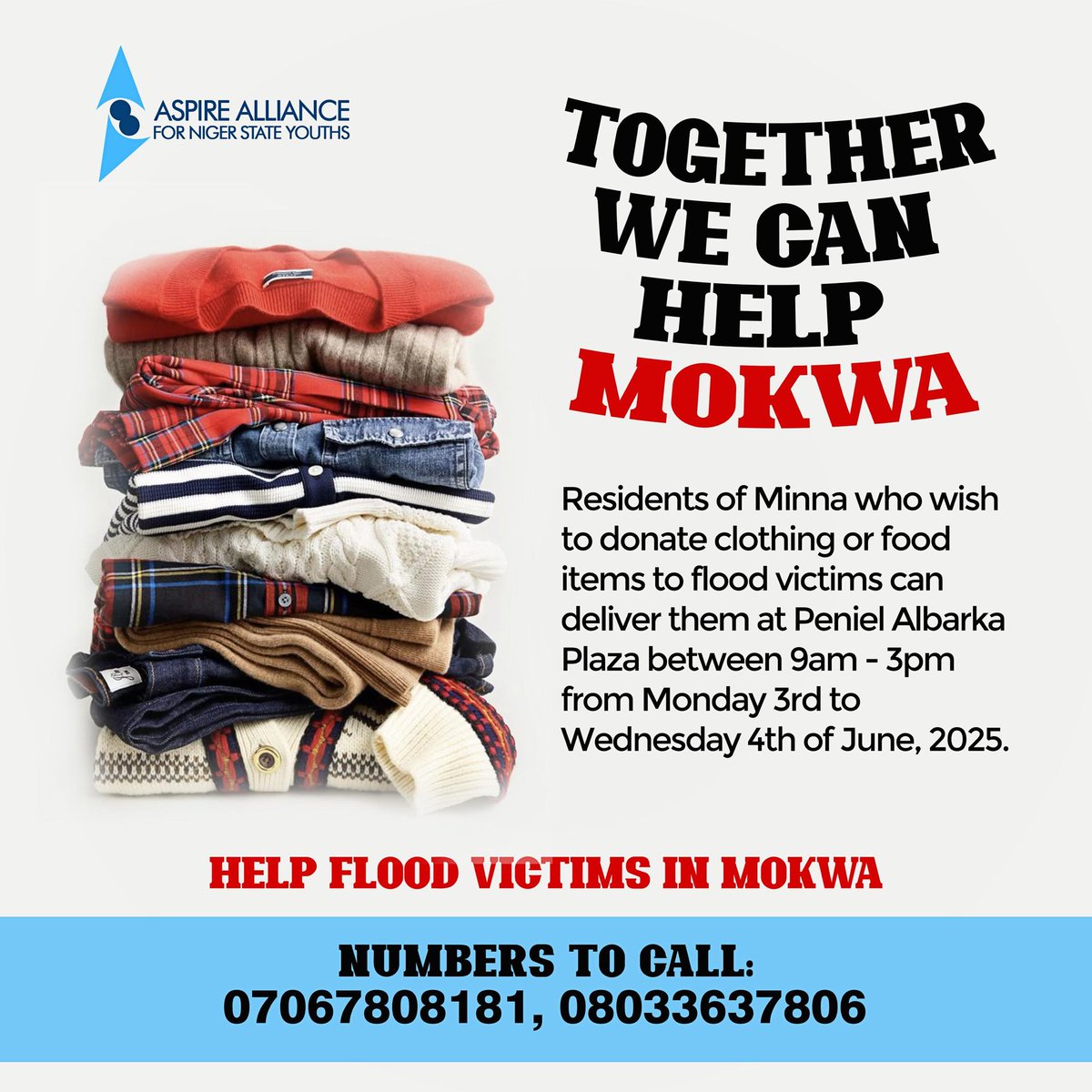 Let Mokwa flood victims feel the generosity from you this Eid.

Donate clothes, foodstuff, toiletries etc.