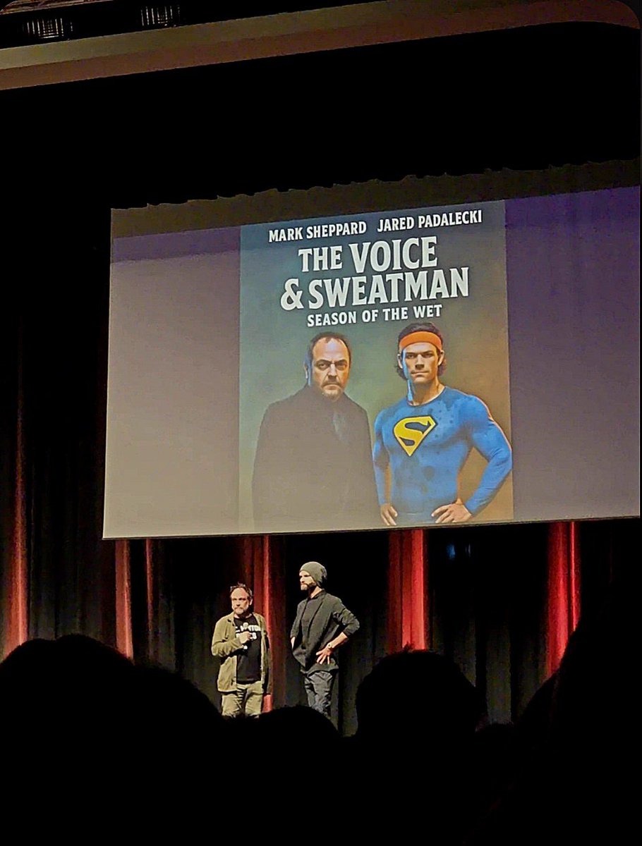 please enjoy this blurry but exclusive first promo pic of the totally real and upcoming hit series THE VOICE &amp; SWEATMAN, starring Mark Sheppard and Jared Padalecki #purcon9 💦🦸